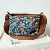 Paso Fino - kleine Handtasche in petrol / türkis Paisley kombiniert mit braunem Kunstleder